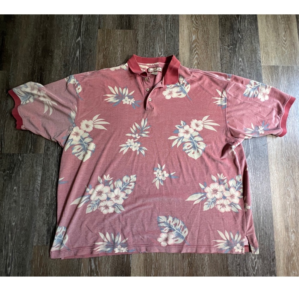 Paradise Blue Polo Shirt Mens 3X Red Floral Tropical Hibiscus Short Sleeve Pique